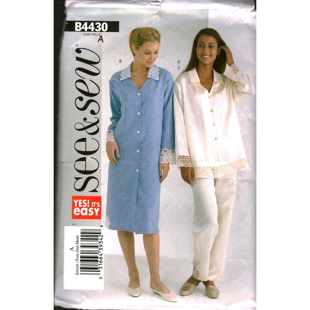 See & Sew B4430 Sewing Pattern Misses Top Nightshirt Pants Lace Trim Size XS-M